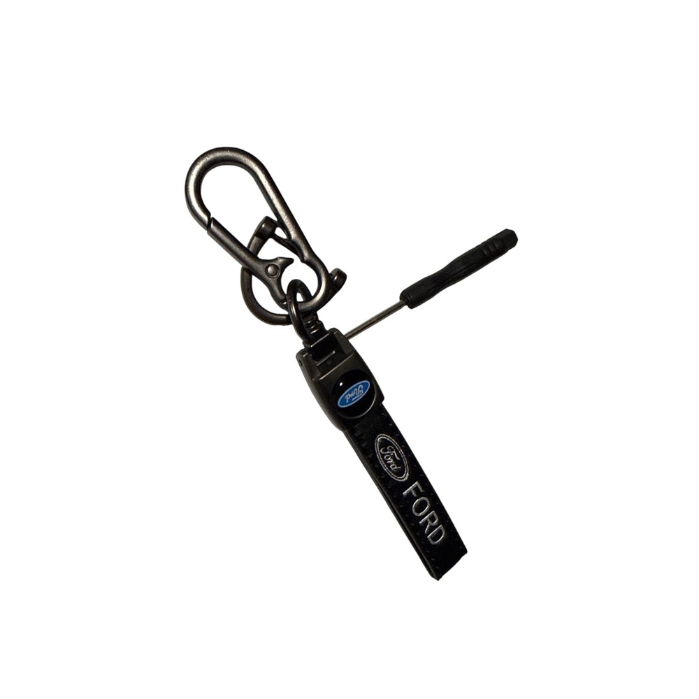 Ford Black Leather Keychain Gunmetal Carabiner Clip with Mini Screwdriver Tool